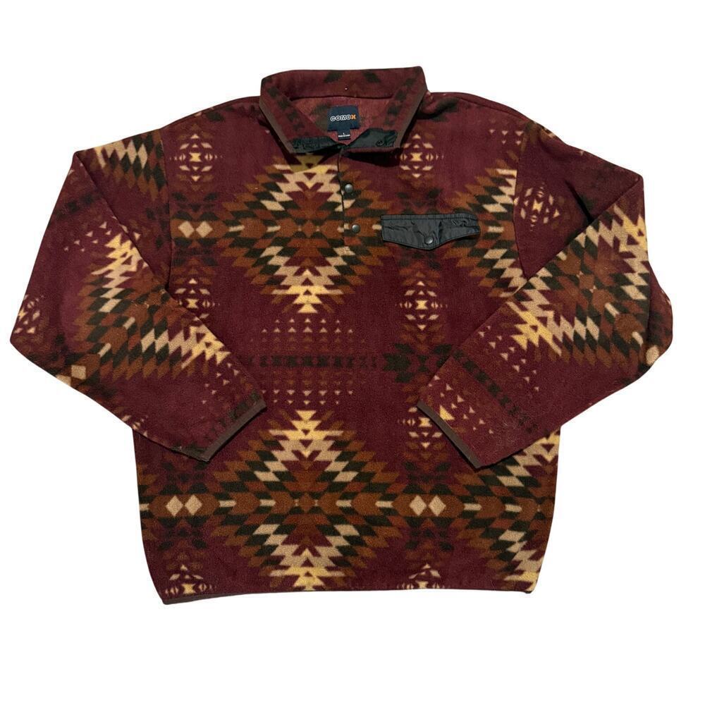 Comox Aztec Fleece Pullover 1/4 Button Sweater Southwestern Tribal Large Unisex